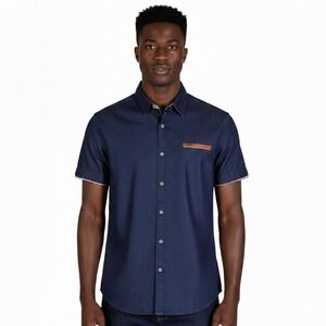 NWT Coofandy Mens Dark Wash Denim Short Sleeve Button Up Shirt Size M